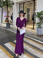 Shimmer Long-Sleeve Wrap Maxi Dress - Purple