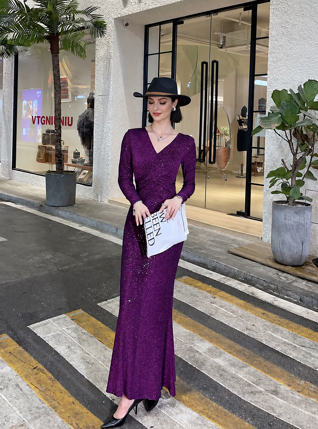 Shimmer Long-Sleeve Wrap Maxi Dress - Purple