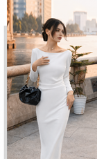 Boat-Neck Long-Sleeve Ruched Midi Dress - White