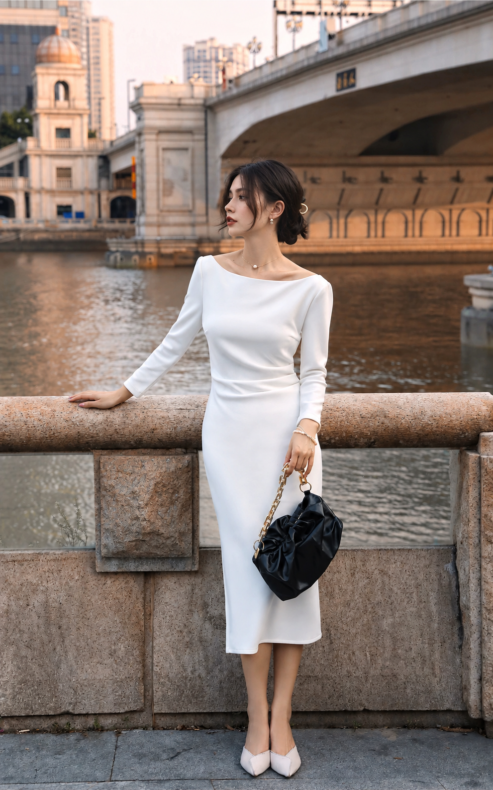Boat-Neck Long-Sleeve Ruched Midi Dress - White