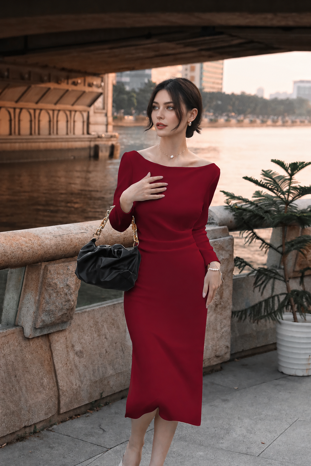 Boat-Neck Long-Sleeve Ruched Midi Dress - Burgundy