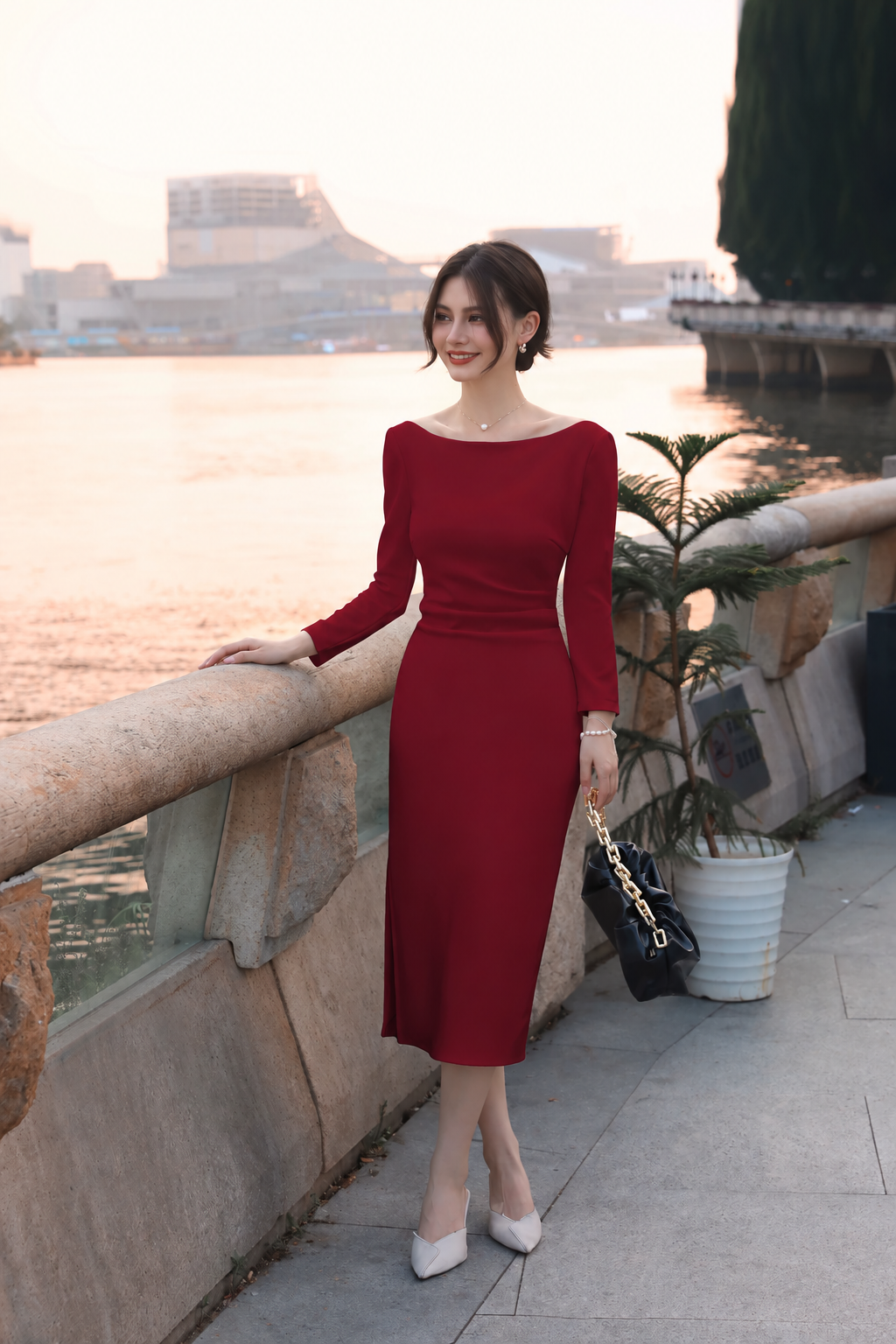 Boat-Neck Long-Sleeve Ruched Midi Dress - Burgundy