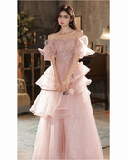 Pink Tiered-Ruffle Tulle Corset Maxi Dress - Pink