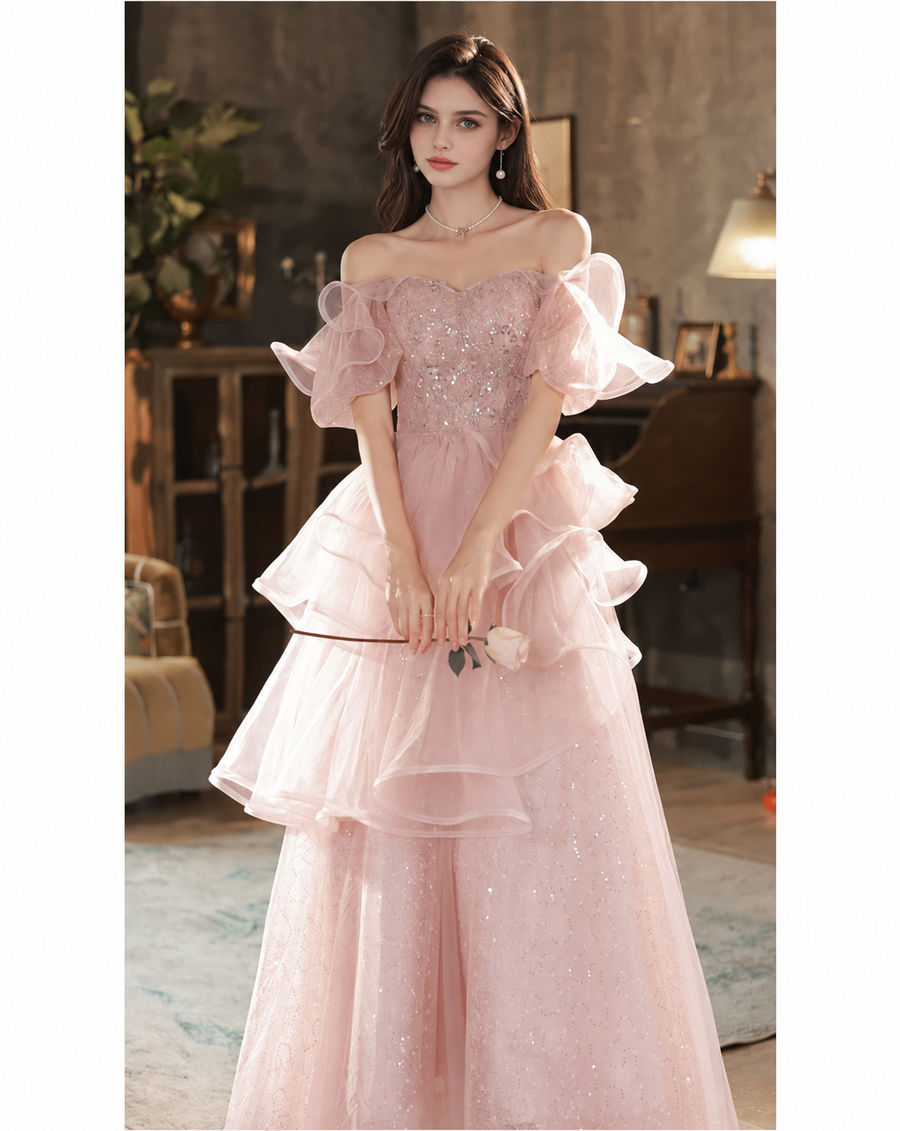 Pink Tiered-Ruffle Tulle Corset Maxi Dress