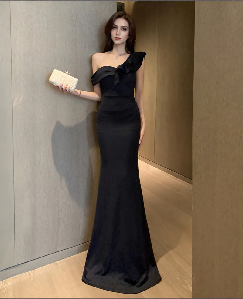 Navy One-Shoulder Ruffle Maxi Dress - Navy
