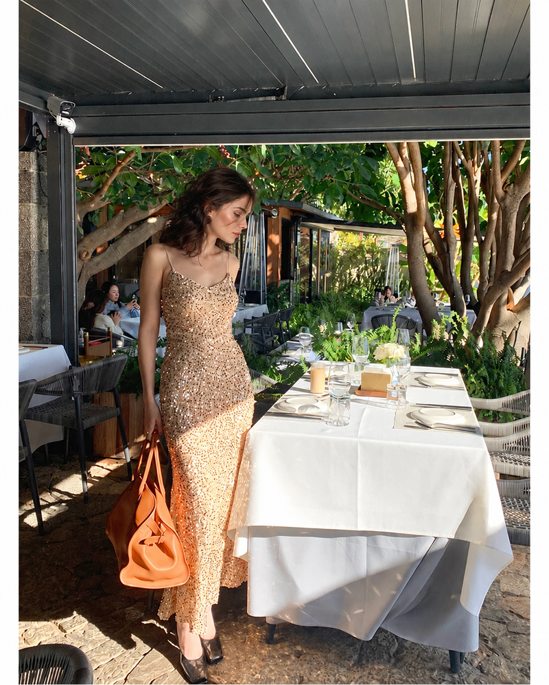 V-Neck Sequin Midi Dress - Apricot
