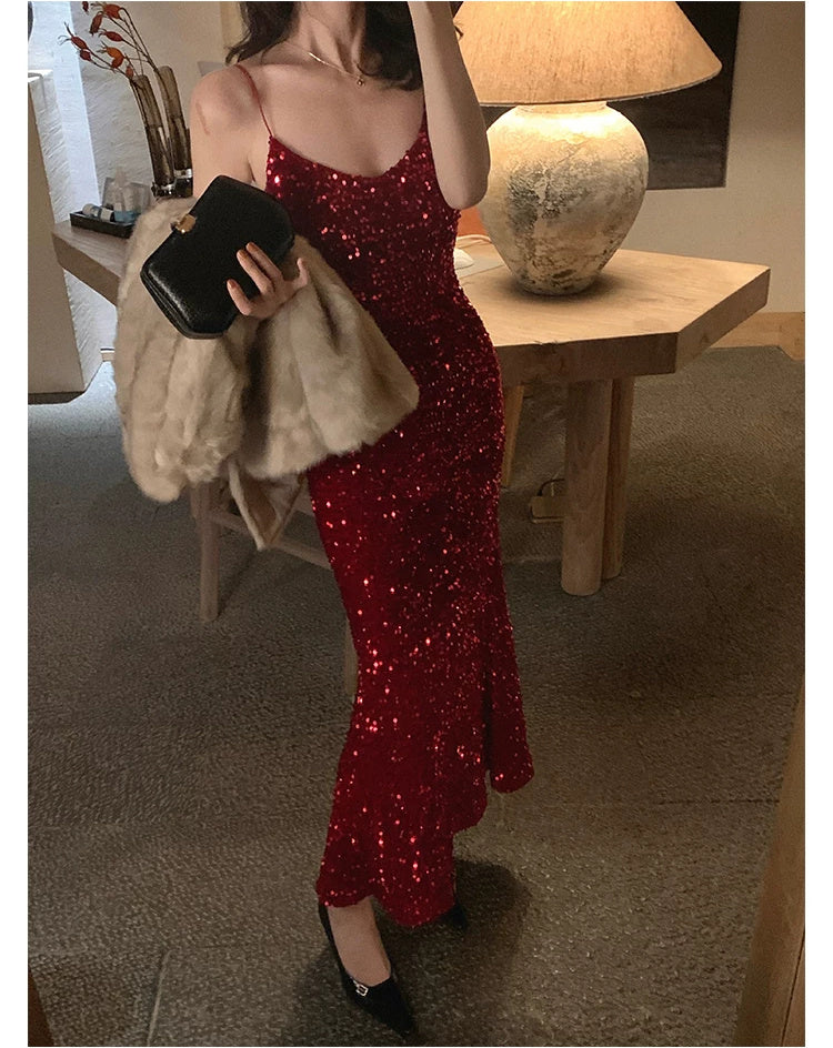 V-Neck Sequin Midi Dress - garment detail