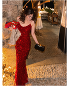 V-Neck Sequin Midi Dress - Red