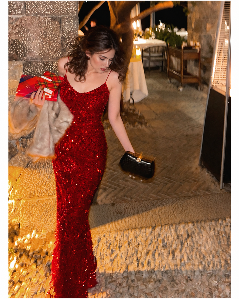 V-Neck Sequin Midi Dress - Red