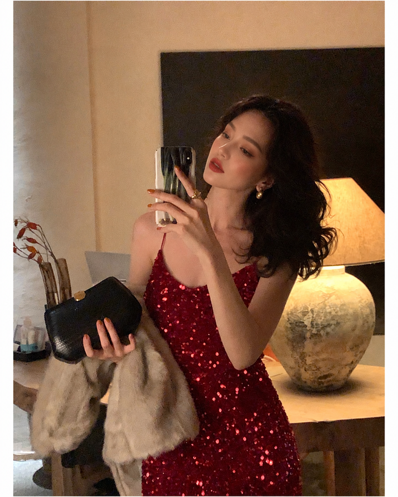 V-Neck Sequin Midi Dress - Red
