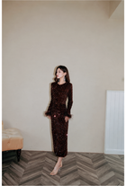 Long-Sleeve Sequin Feather-Cuff Midi Dress - Caramel