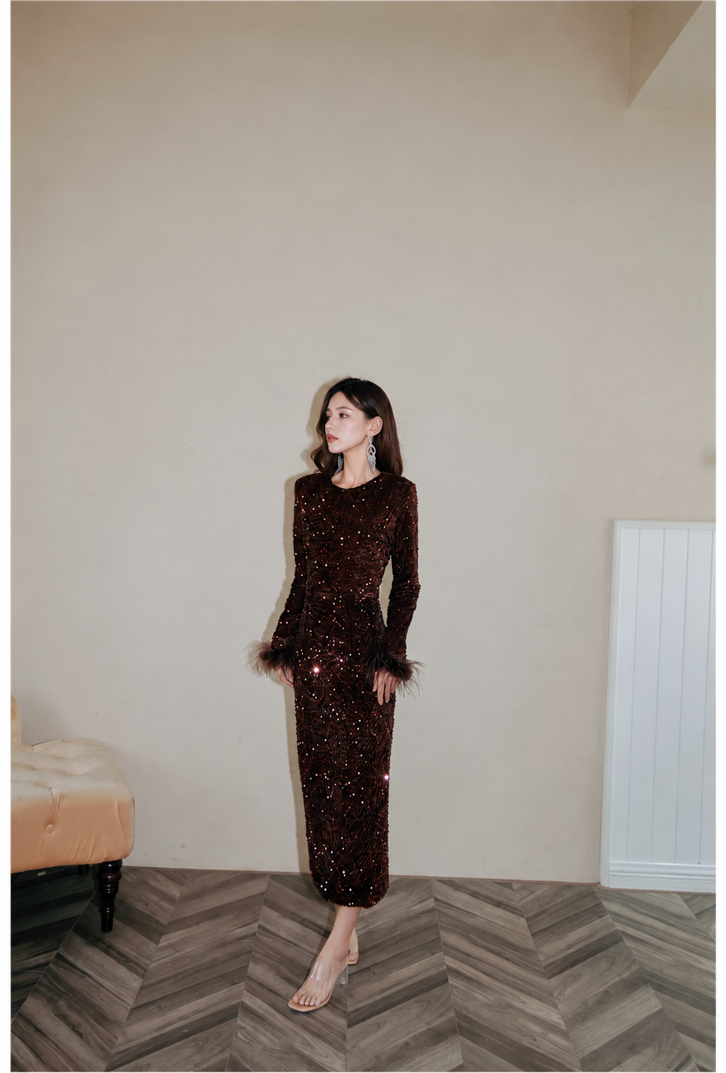 Long-Sleeve Sequin Feather-Cuff Midi Dress - Caramel