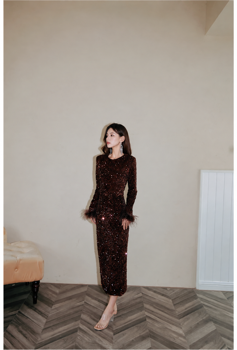 Long-Sleeve Sequin Feather-Cuff Midi Dress - Caramel