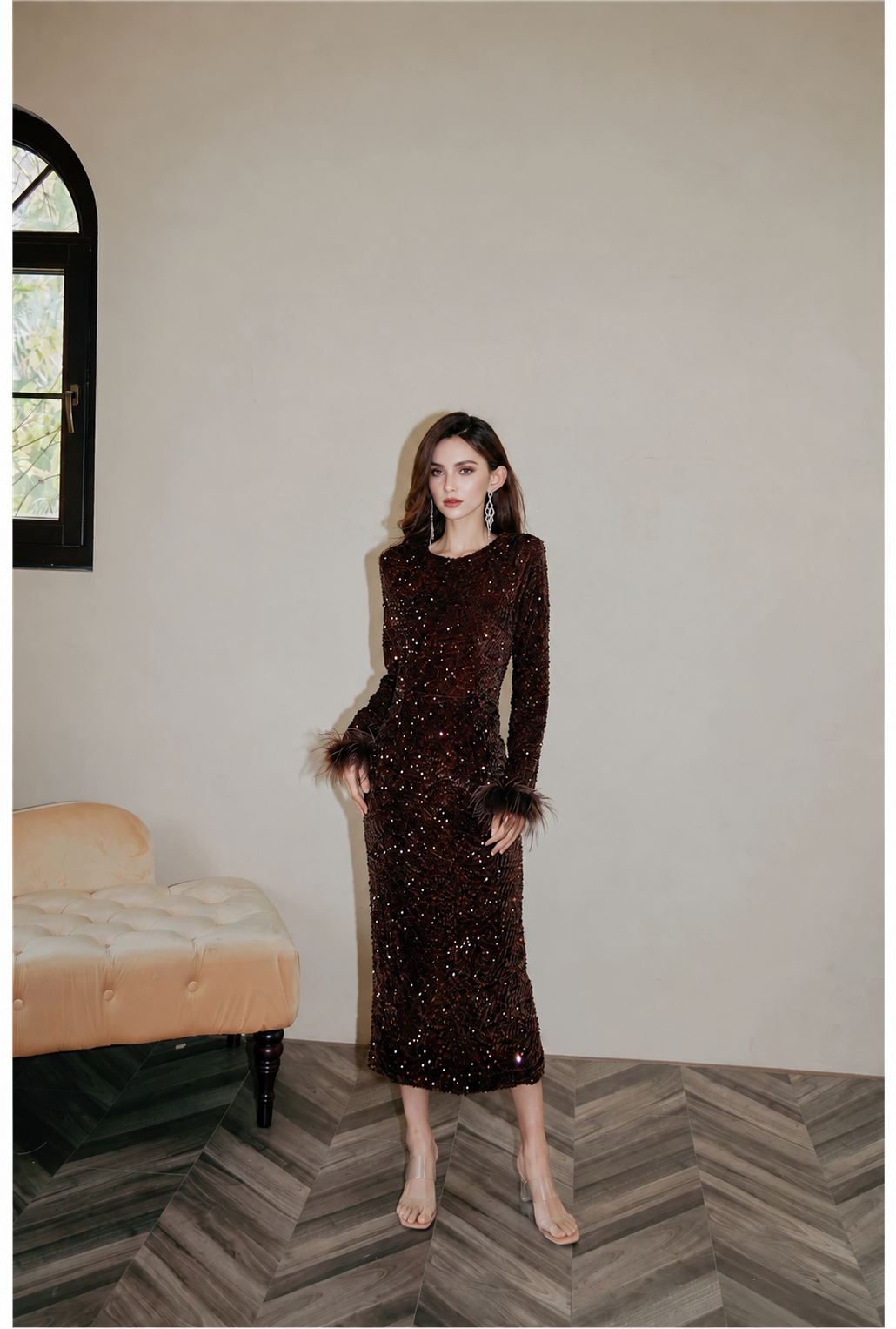 Long-Sleeve Sequin Feather-Cuff Midi Dress - Caramel
