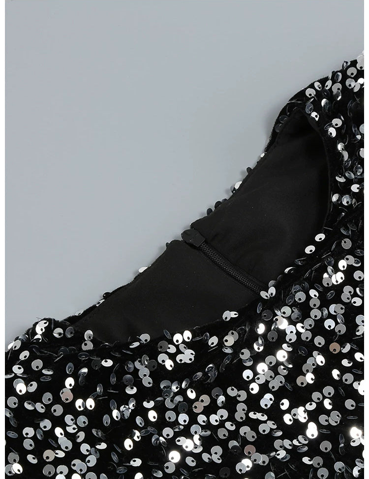 Long-Sleeve Sequin Feather-Cuff Midi Dress - garment detail