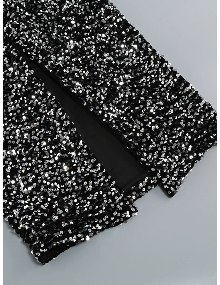Long-Sleeve Sequin Feather-Cuff Midi Dress - garment detail