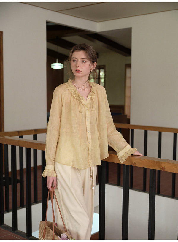 French Ruffle Neck Tencel Linen Long Sleeve Blouse