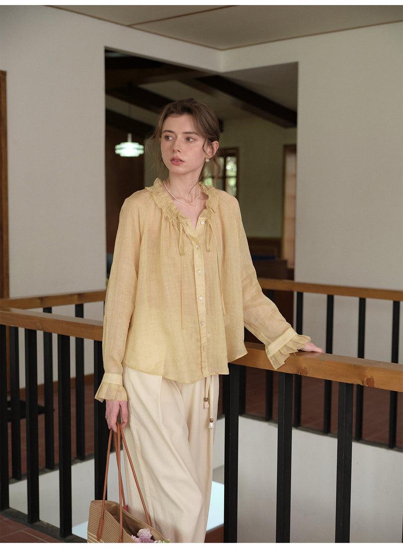 French Ruffle Neck Tencel Linen Long Sleeve Blouse