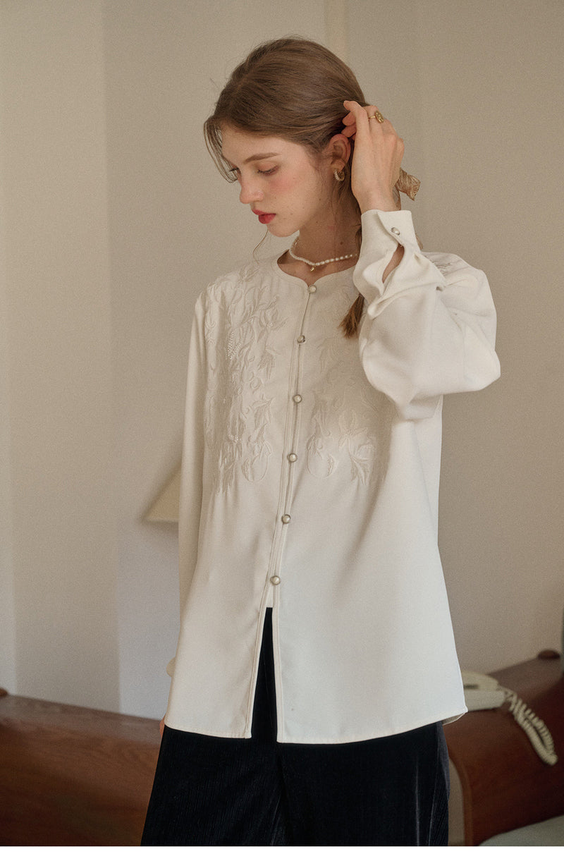 French Embroidered Crew Neck Blouse