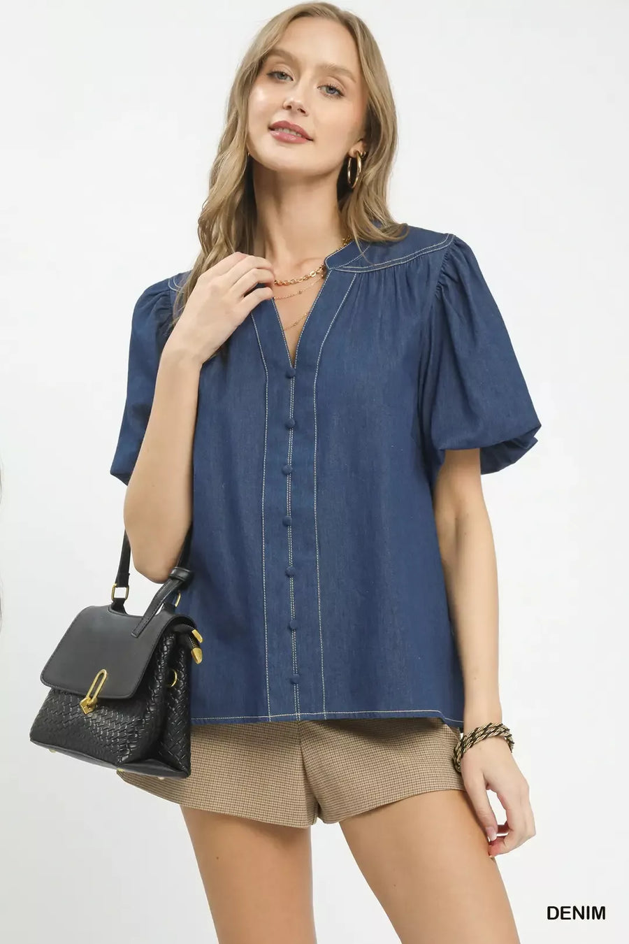 Denim Button Front Puff Sleeve Boho Blouse