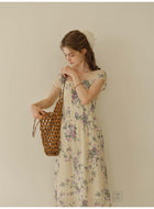 French Style Rose Floral Square Neck Lyocell Midi Dress