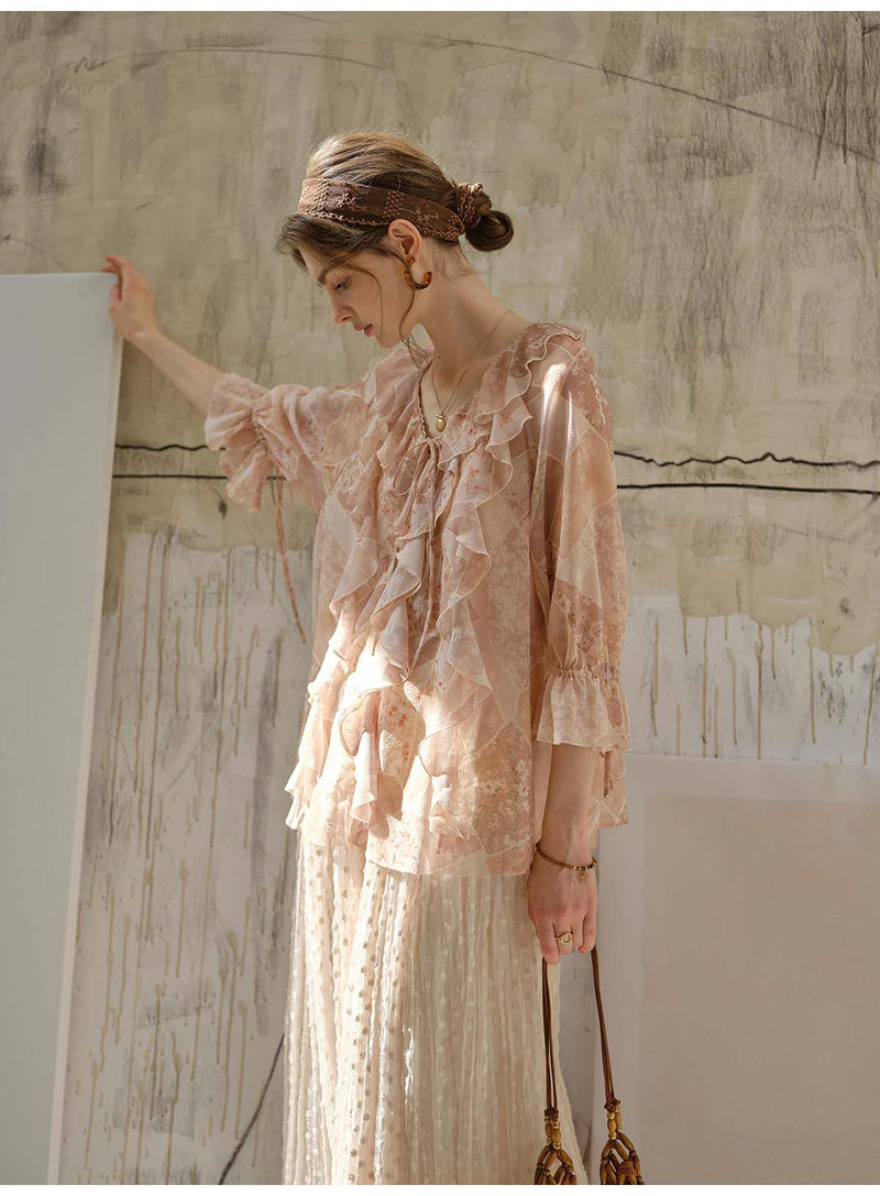 French Style Irregular Ruffle Chiffon Blouse Women 3/4 Sleeve Summer Casual Top