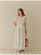 Women's 100% Cotton Embroidered Two-Piece Set | White Puff Sleeve Blouse & Tiered Skirt