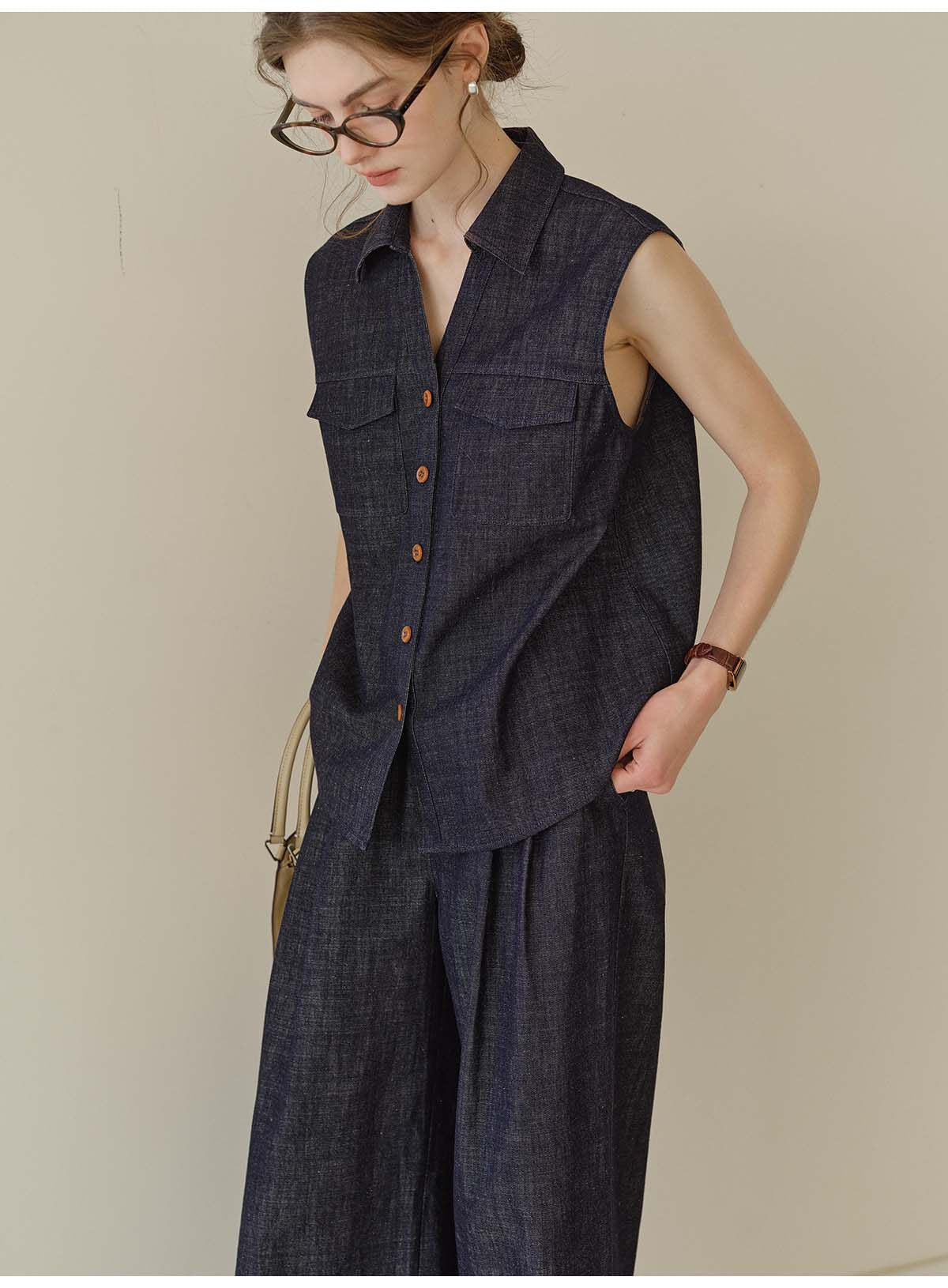 Tencel Linen Denim Sleeveless Button-Down Vest Shirt