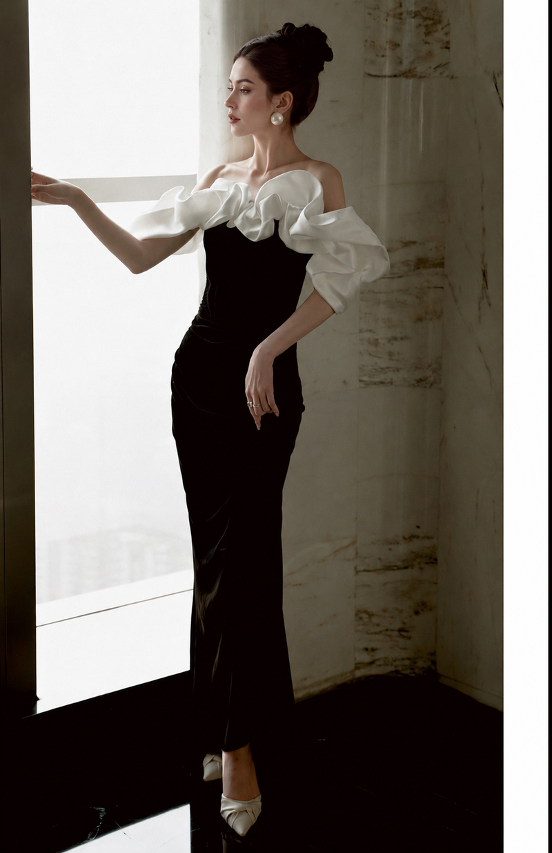 Contrast Off-Shoulder Mermaid Maxi Dress - Black and Ivory
