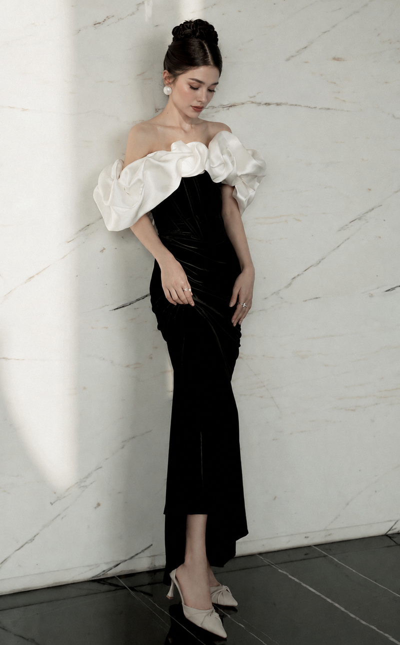Contrast Off-Shoulder Mermaid Maxi Dress - Black and Ivory