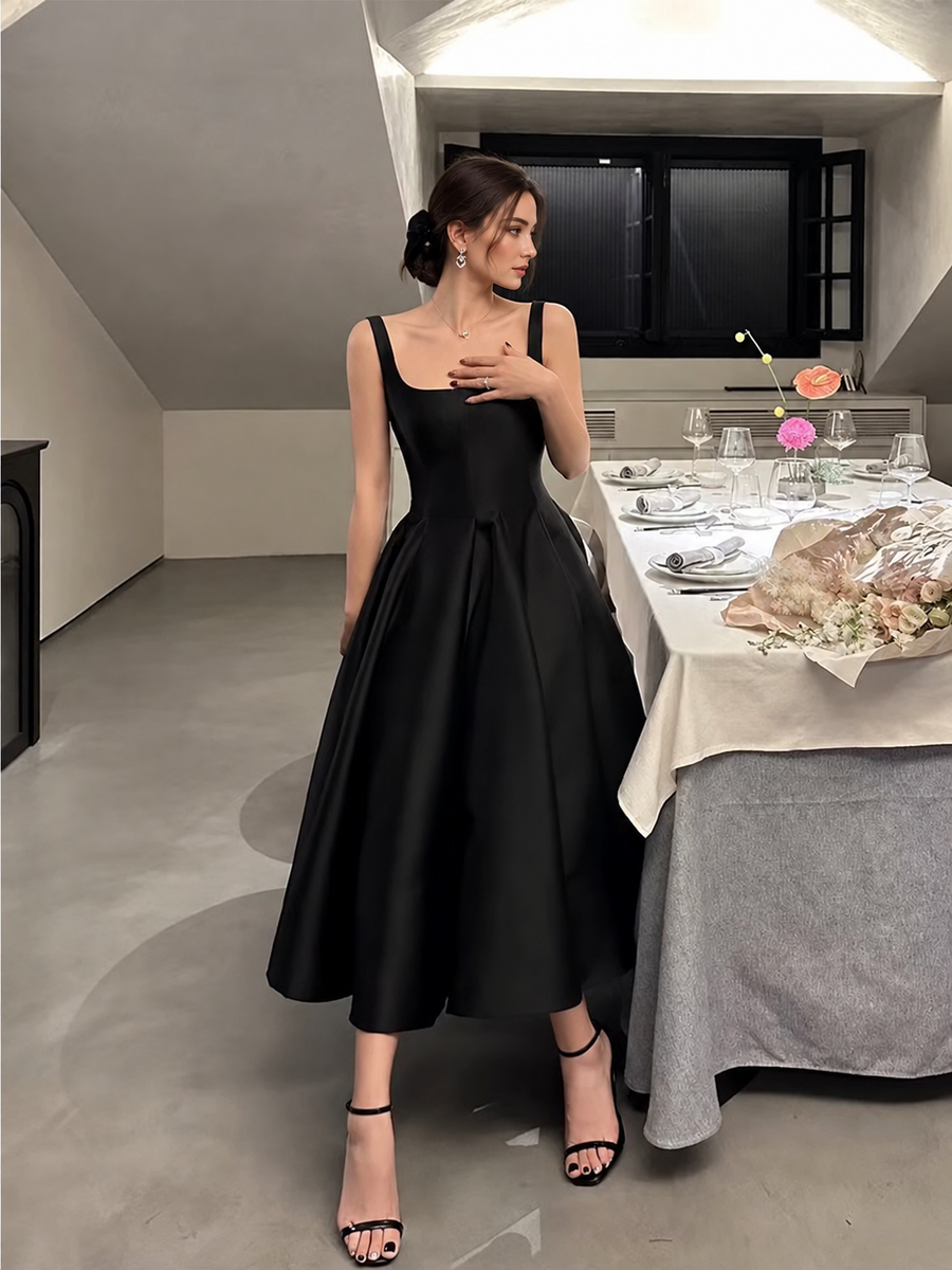 Square-Neck Satin A-Line Midi Dress