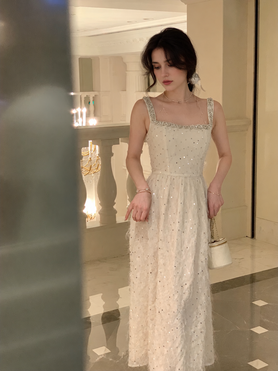 Almond Feather-Trim Sequin Cocktail Midi Dress