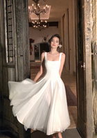 Square-Neck Tulle A-Line Dress - White / Midi