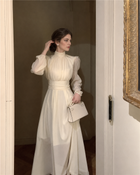 Ivory High-Neck Long-Sleeve A-Line Midi Dress, ivory, additional view