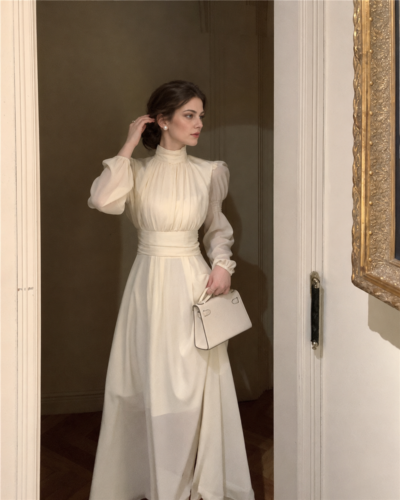 Ivory High-Neck Long-Sleeve A-Line Midi Dress, ivory, additional view
