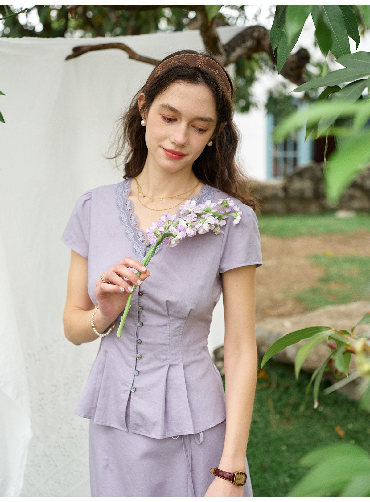 French Linen Cotton Lace V-Neck Two-Piece Set