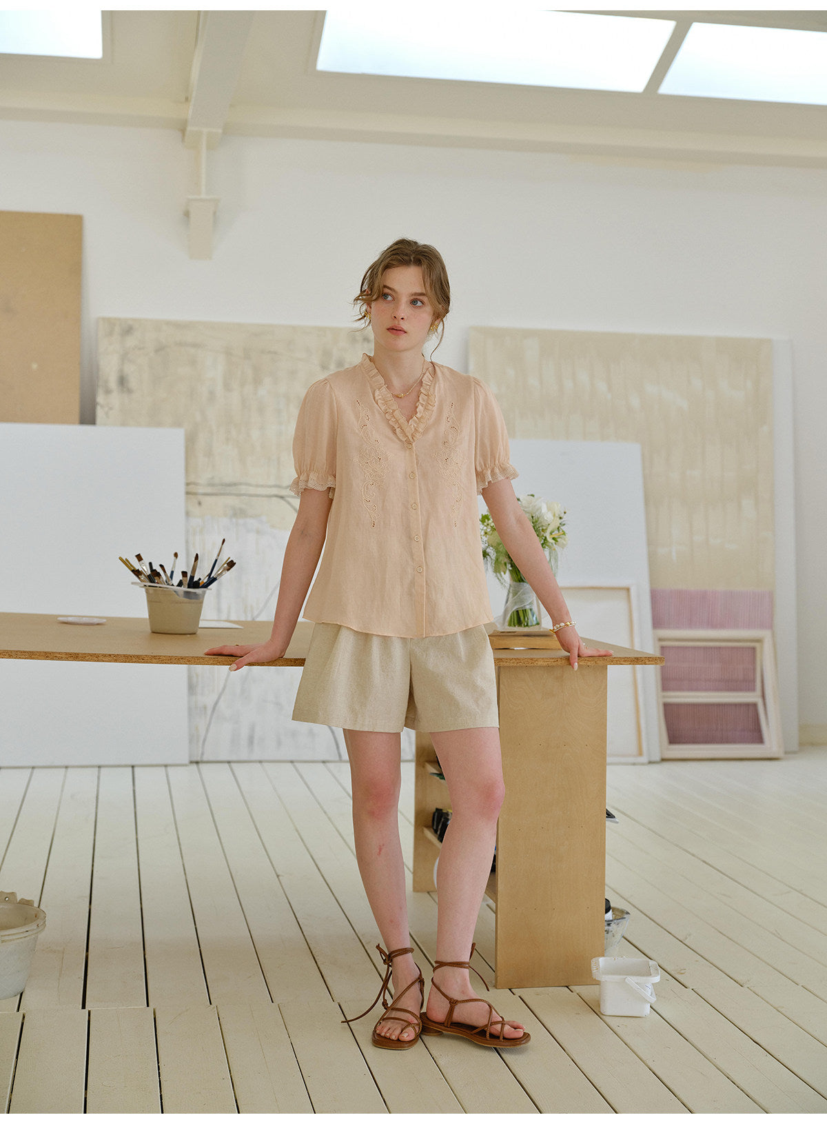 French Ruffled V-Neck Embroidered Tencel Ramie Blouse