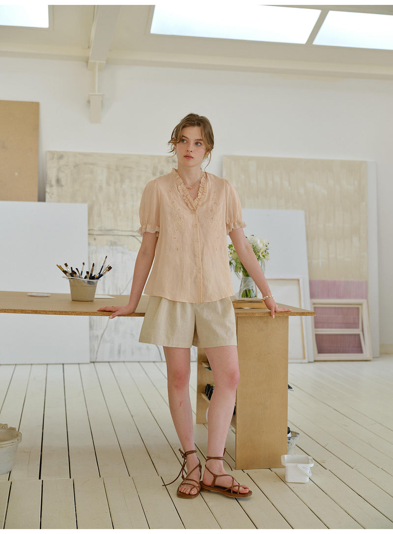 French Ruffled V-Neck Embroidered Tencel Ramie Blouse