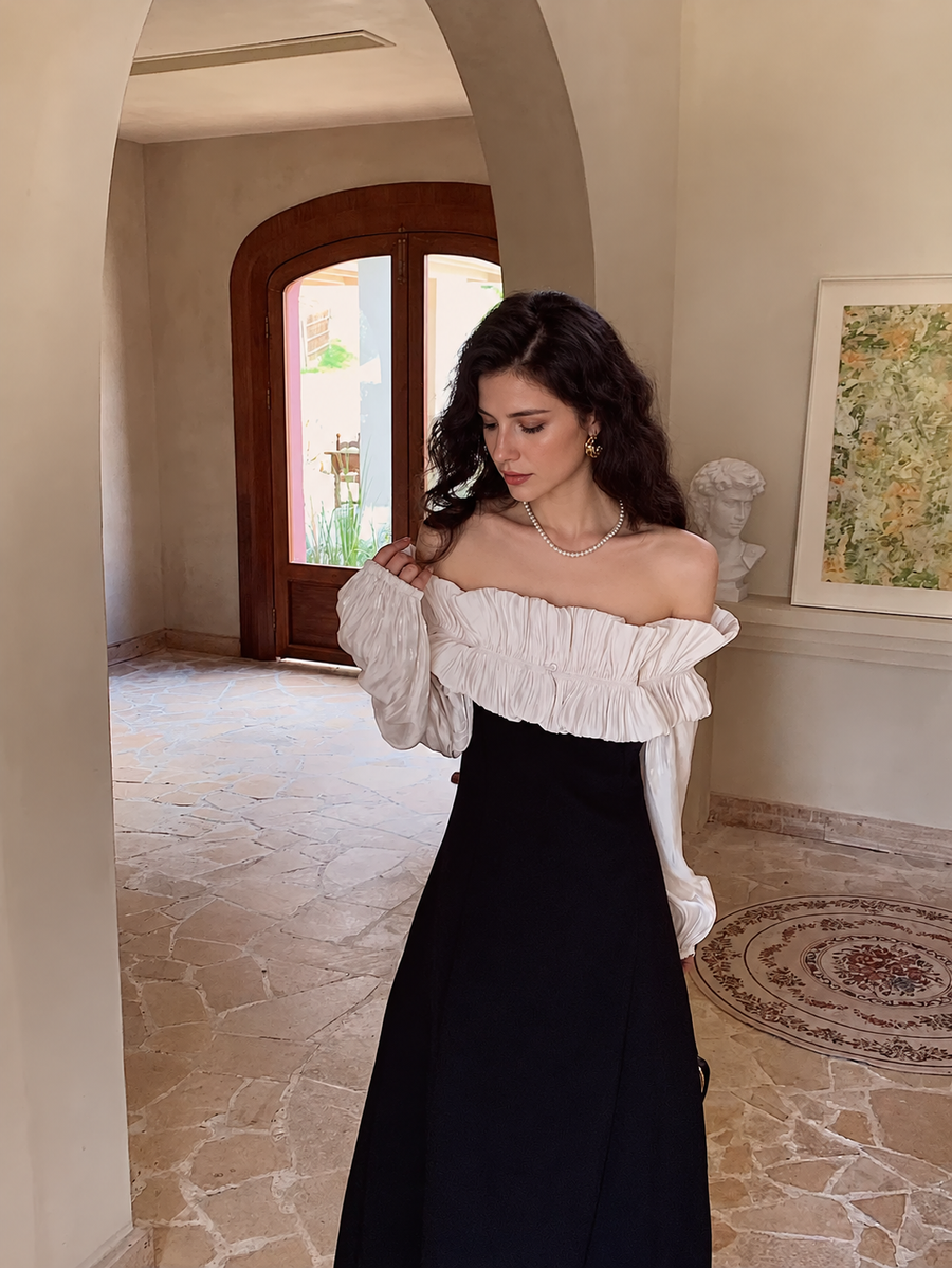 Black and White Off-Shoulder Evening Dress