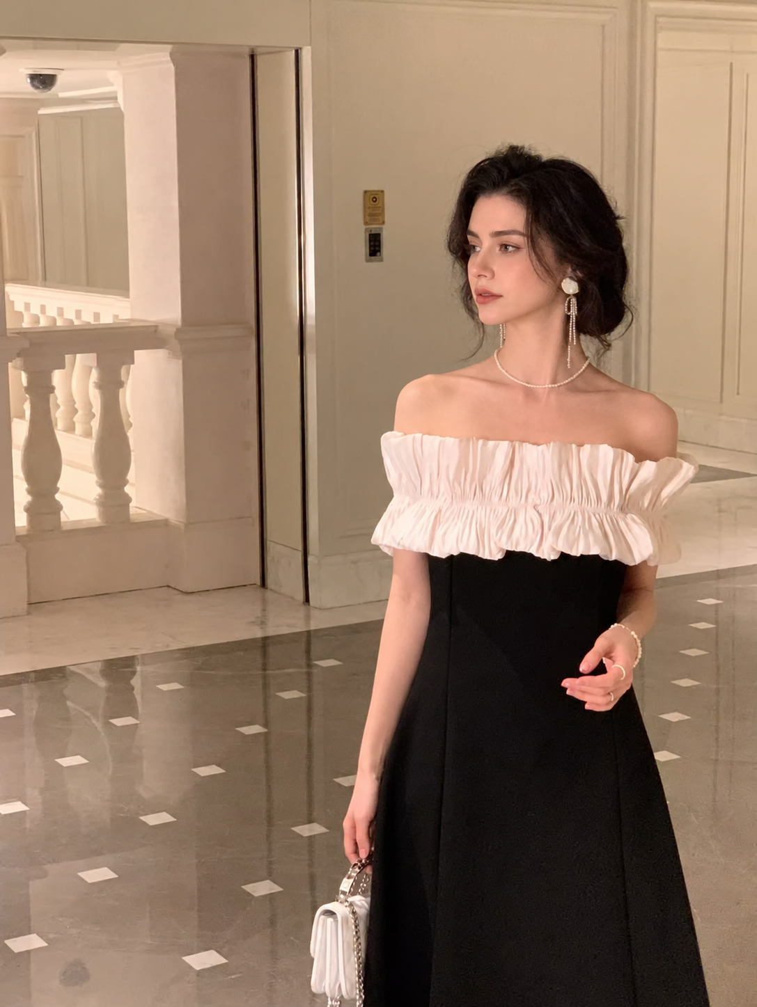 Black and White Off-Shoulder Evening Dress - Black and White / Short Sleeves
