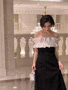Black and White Off-Shoulder Evening Dress - Black and White / Short Sleeves