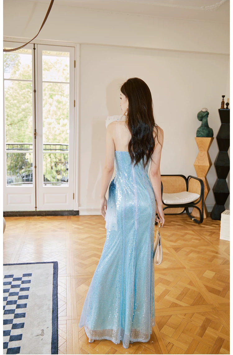 Blue Sequin Fringe Mermaid Maxi Dress - garment detail