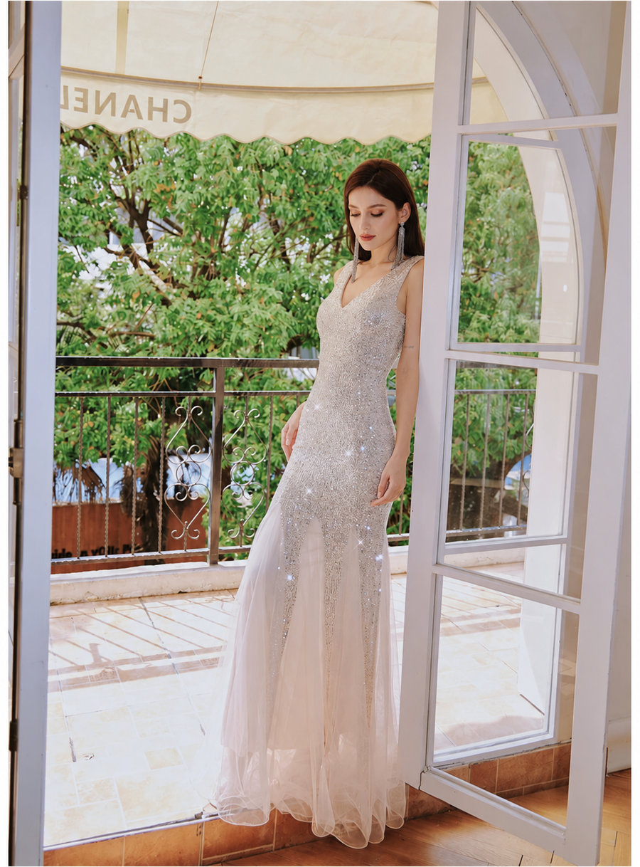 V-Neck Sequin Tulle Mermaid Maxi Dress