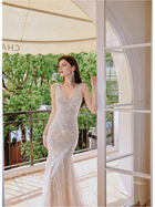 V-Neck Sequin Tulle Mermaid Maxi Dress - Champagne Silver