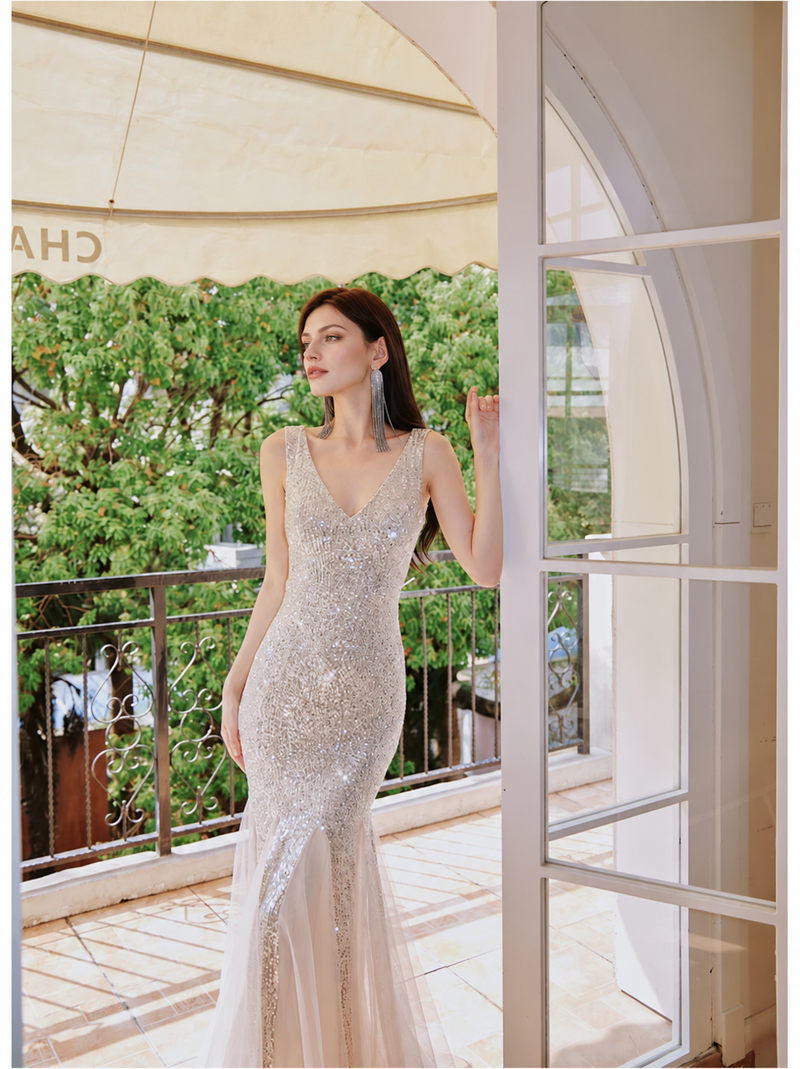 V-Neck Sequin Tulle Mermaid Maxi Dress - Champagne Silver