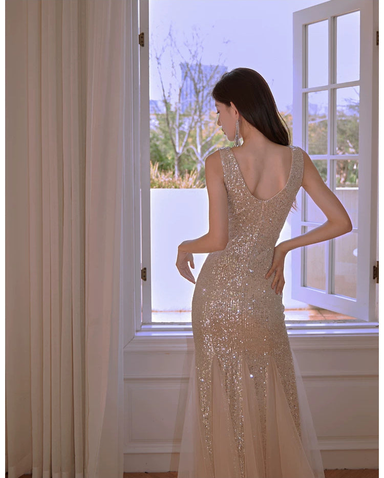 V-Neck Sequin Tulle Mermaid Maxi Dress - garment detail