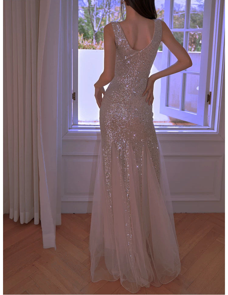 V-Neck Sequin Tulle Mermaid Maxi Dress - garment detail