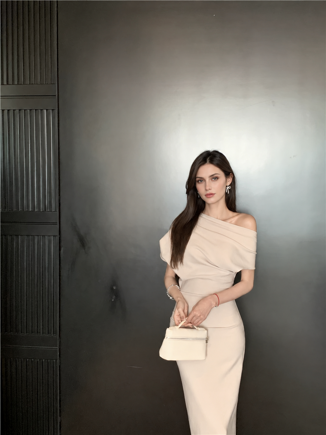 One-Shoulder Ruched Fitted Dress - Grey Apricot / Long