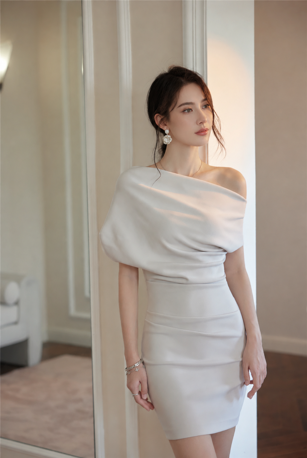 One-Shoulder Ruched Fitted Dress - Grey Apricot / Mini
