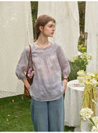 Vintage Linen Lace Square Neck Blouse Women 3/4 Sleeve Bohemian Top